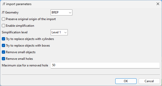 JT import parameters dialog